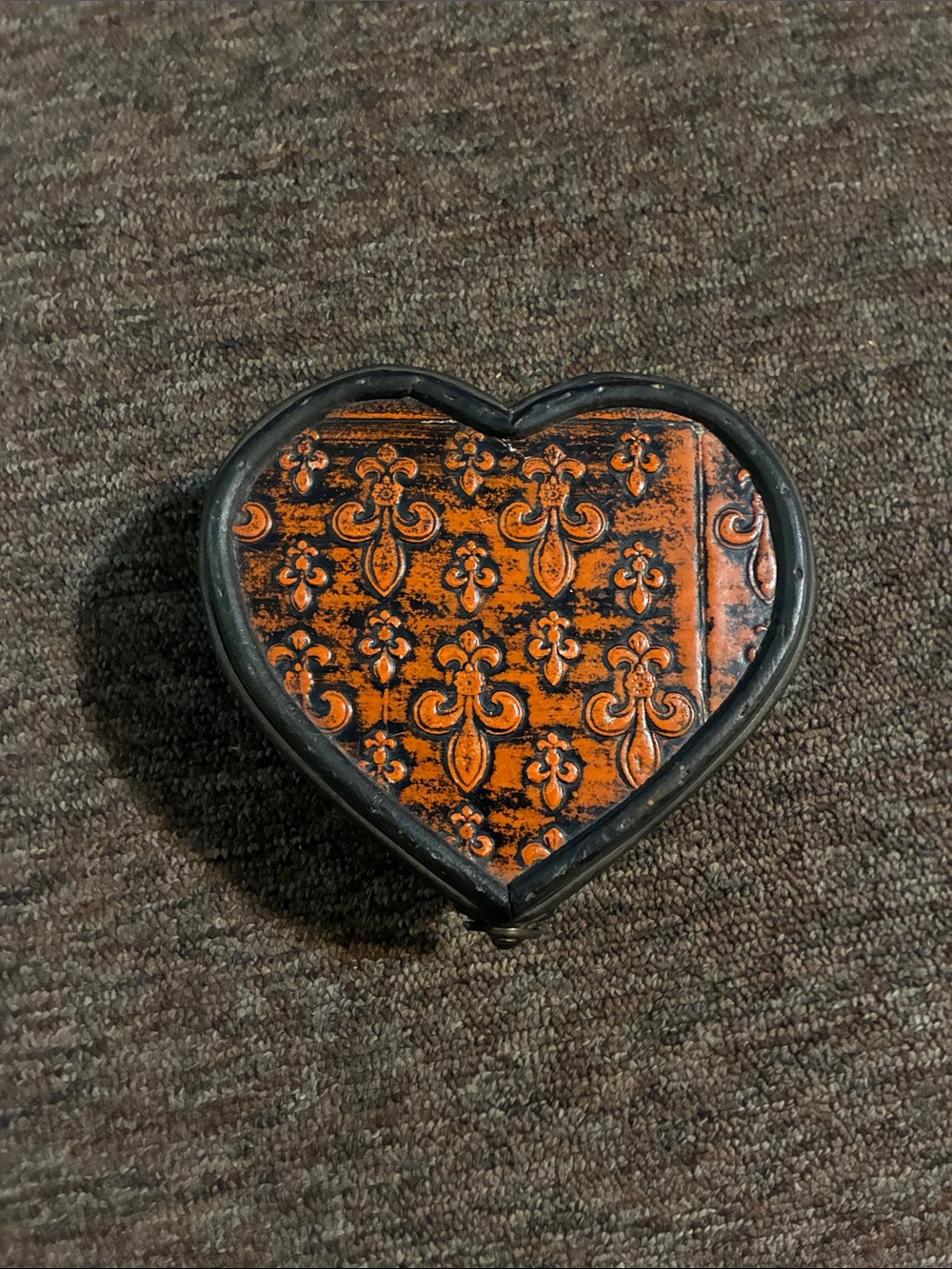 Heart-Shaped Decorative Trinket Box in Distressed Orange and Black